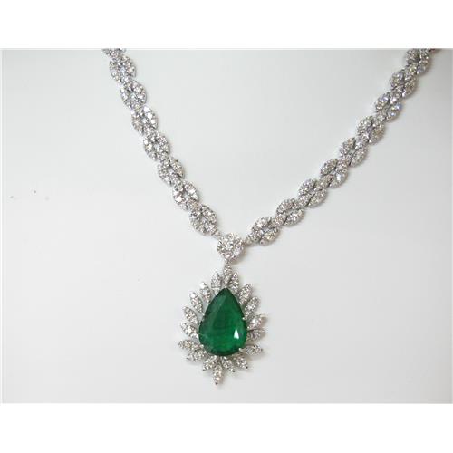 18K white gold diamond and emerald drop necklace